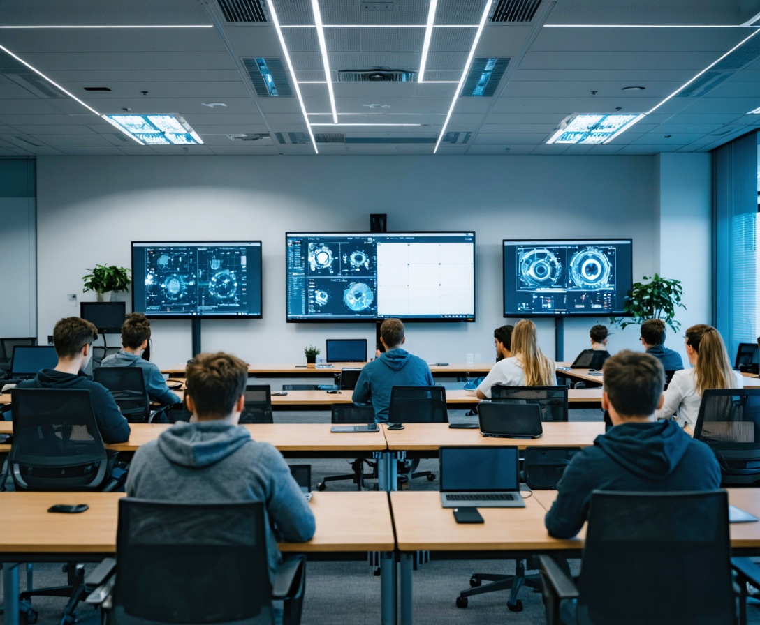 Moderner Kursraum in München mit großen Monitoren und engagierten Teilnehmern bei einer Live-Coding Session