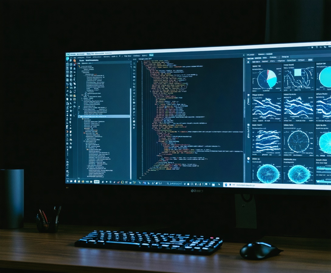 Nahaufnahme eines hochauflösenden Bildschirms mit Python-Code und KI-Datenvisualisierungen