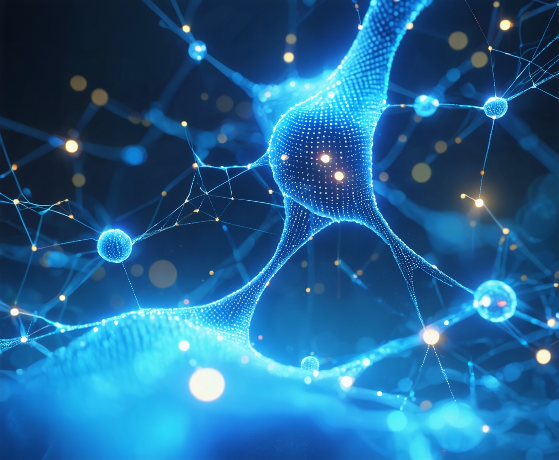 Abstrakte 3D-Visualisierung eines neuronalen Netzwerks mit leuchtenden Datenknoten und fließenden Verbindungen