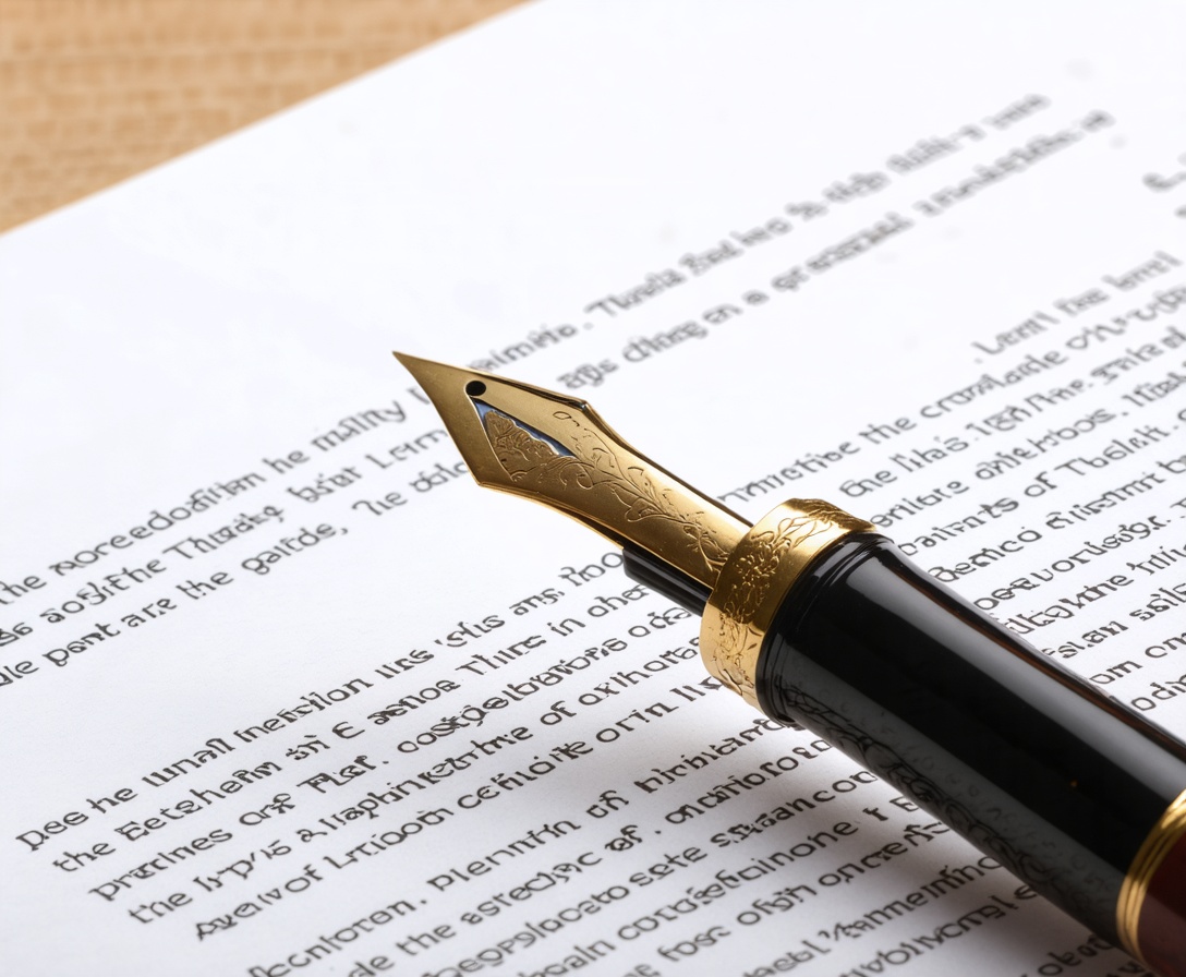 Nahaufnahme eines hochwertigen Füllfederhalters auf einem offiziellen juristischen Dokument aus schwerem Papier