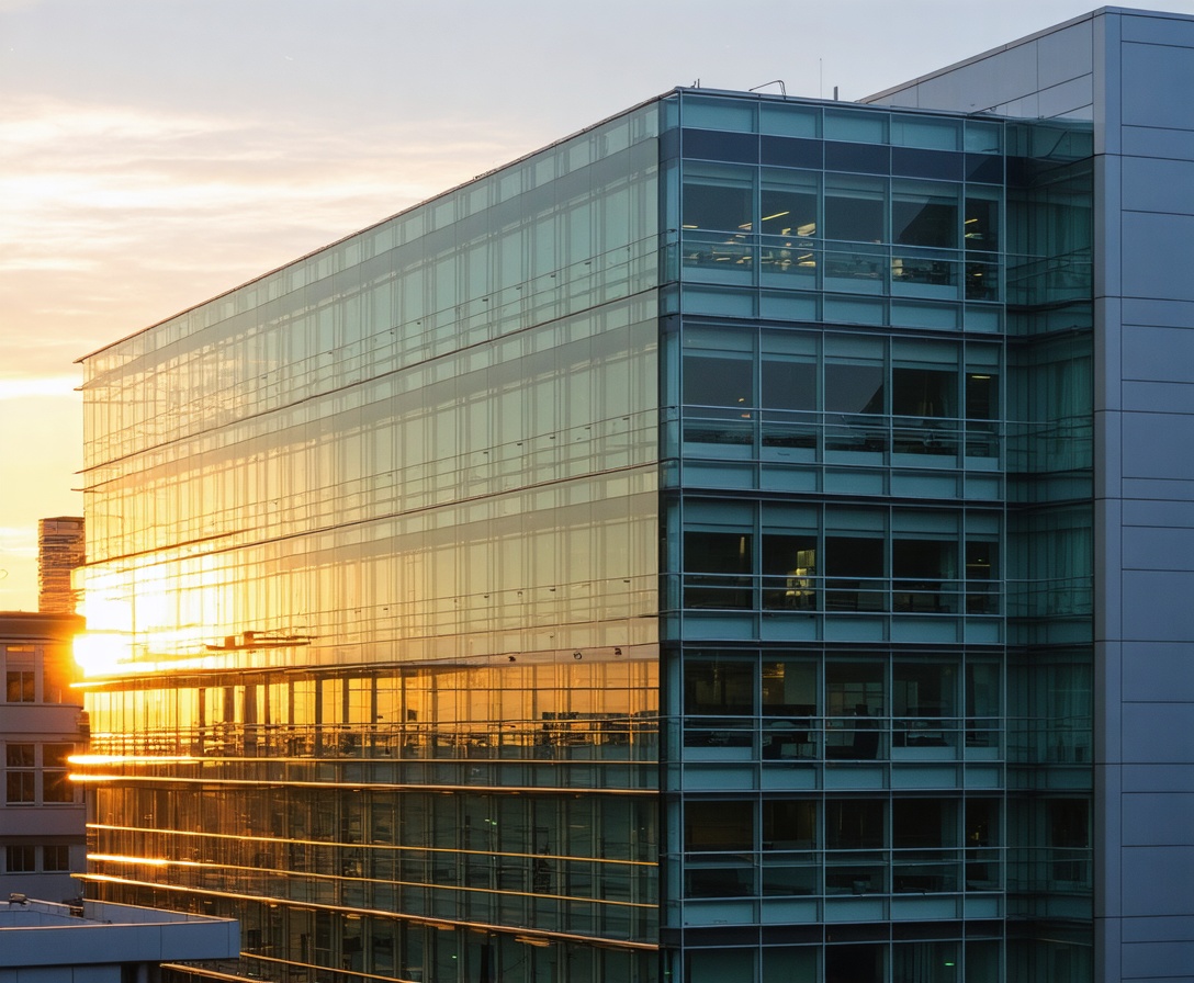 Das moderne Bürogebäude des Learn AI Hub in München bei Sonnenuntergang - Ein Ort für Innovation