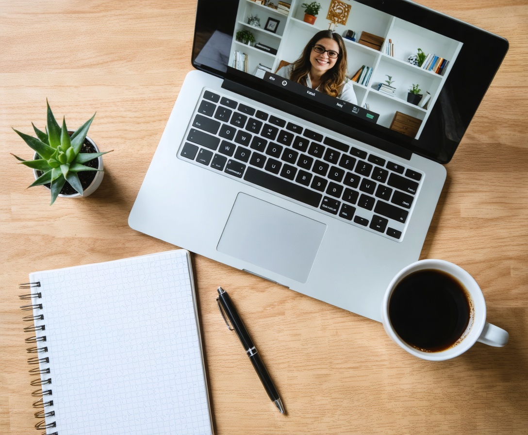 Minimalistischer Schreibtisch mit Laptop und Notizbuch, Symbol für flexibles Online-Learning im eigenen Tempo